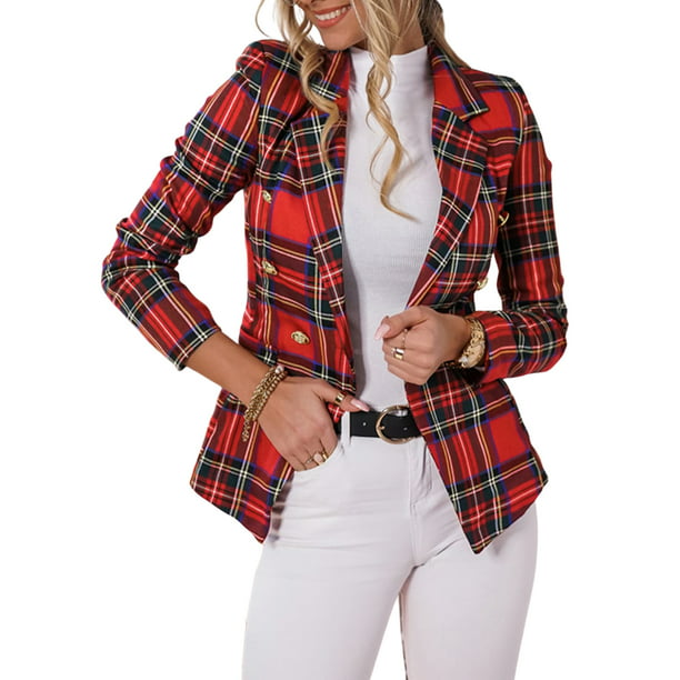 Women /'s Casual Slim Fit Blazer Long Sleeve Plaid Suit Double Breasted Business Jacket Lapel Daily Streetwear Coat